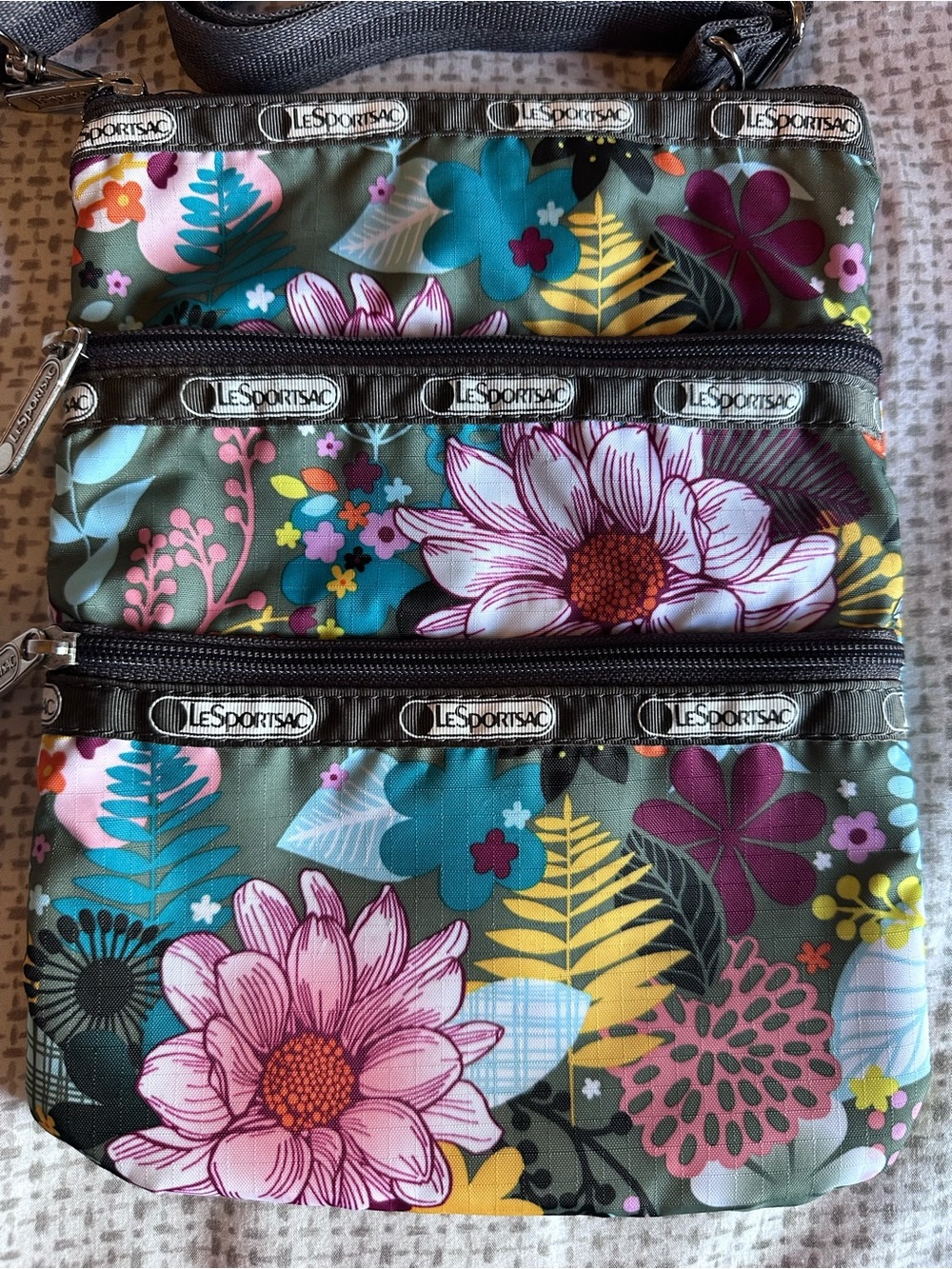 LeSportsac Floral Crossbody Bag in Green with Pink & Teal Accents - Picture 2 of 12